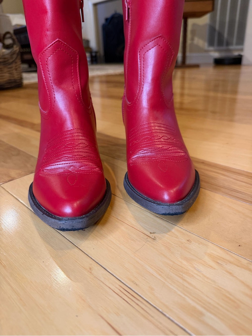 Vibrant Red Western Cowboy Boots | Pointed Toe Vegan Faux Leather Mid-Calf Boots - Picture 4 of 10